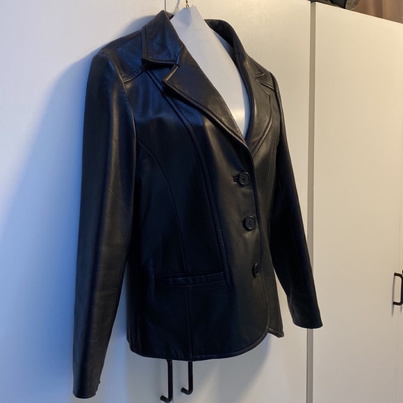 CANADIAN Leather Jacket Black Tailored EUC Sz 14 Large Leonardos Blazer Buttons - Picture 5 of 16